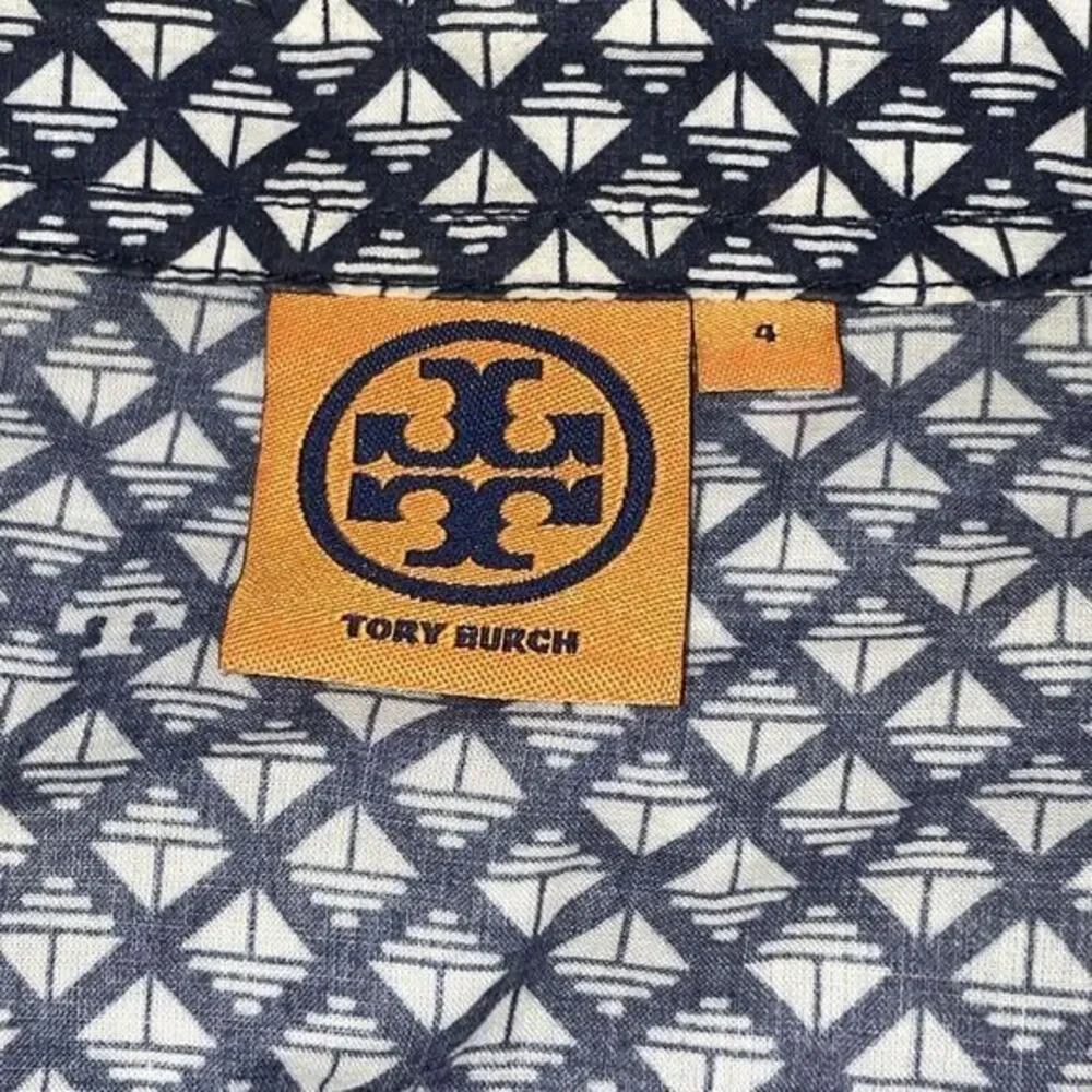 Tory Burch Blouse‎ Top Blue White Square Signature T Cotton Shirt Size 4